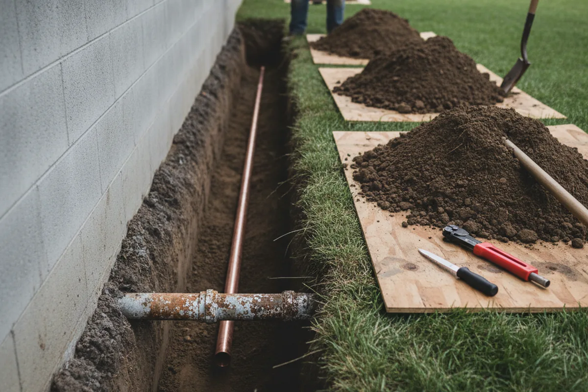 Excavated water line trench during Water Heater Repair in Faison